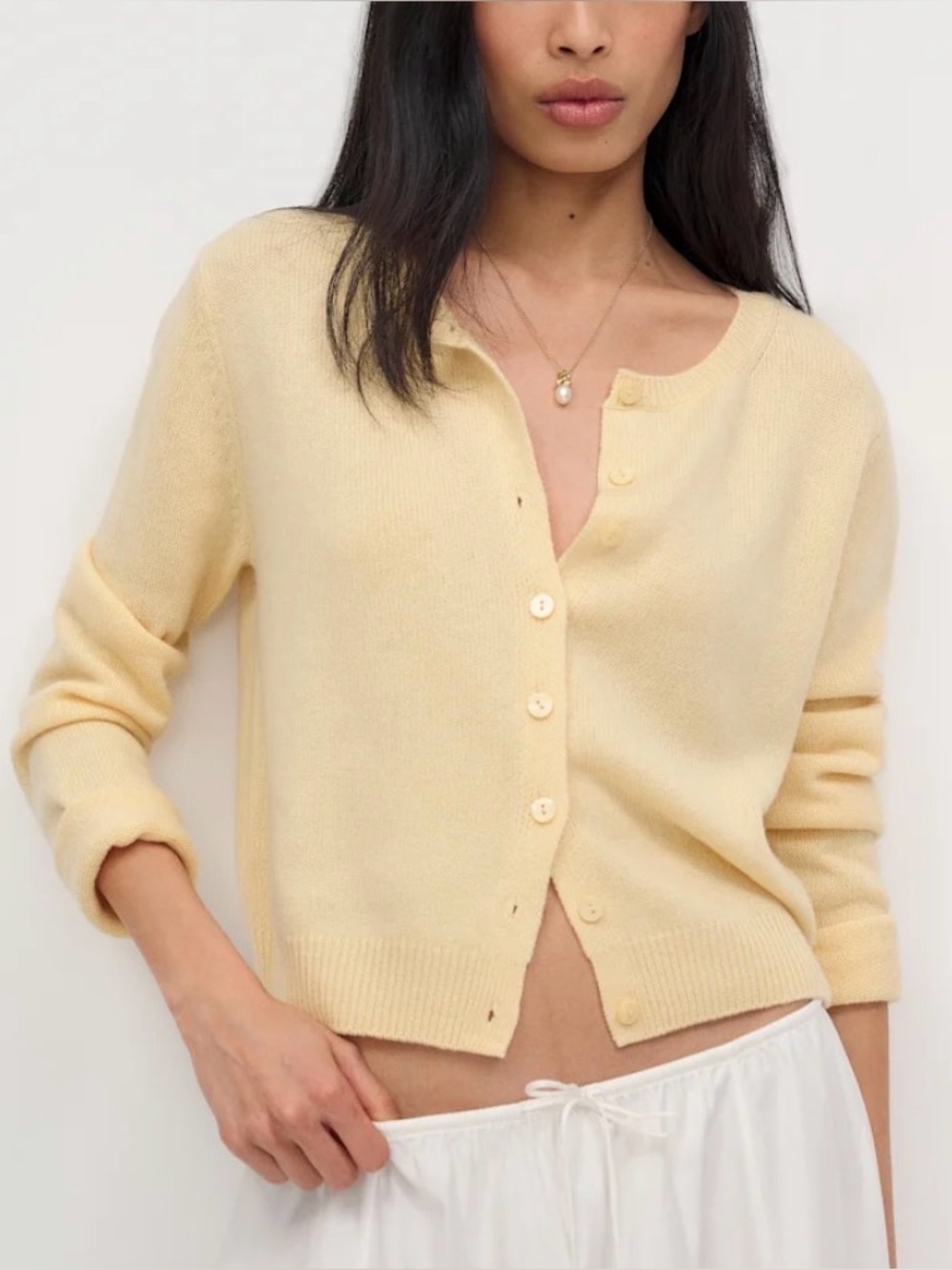 Reformation Clara Cashmere Crew Cardigan in Parmesan Light Yellow